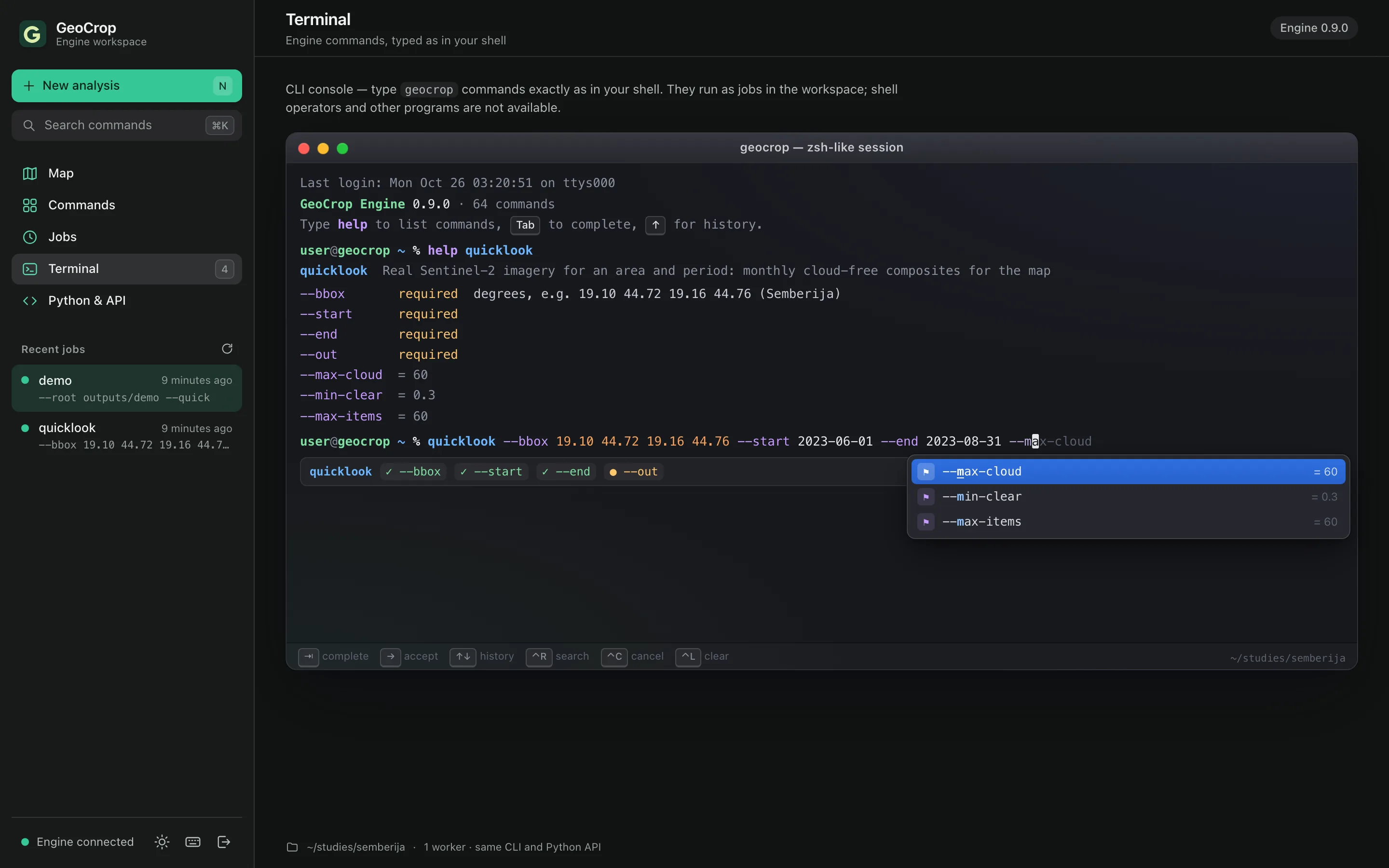 Web terminal with a geocrop command being typed, coloured flags and an open completion list