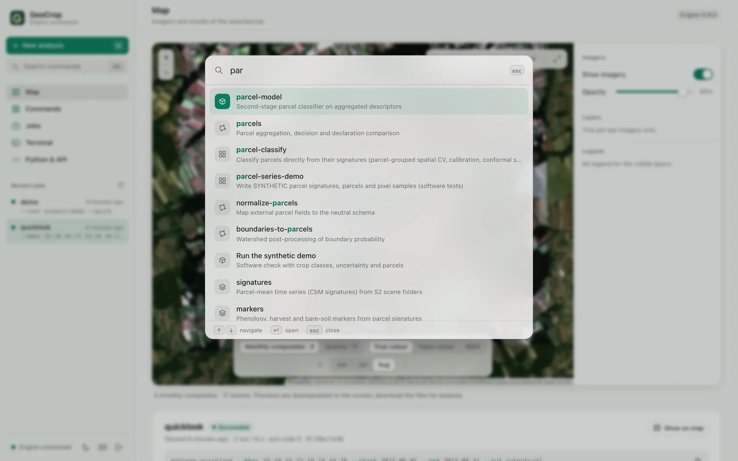 Command palette listing engine commands under a search field