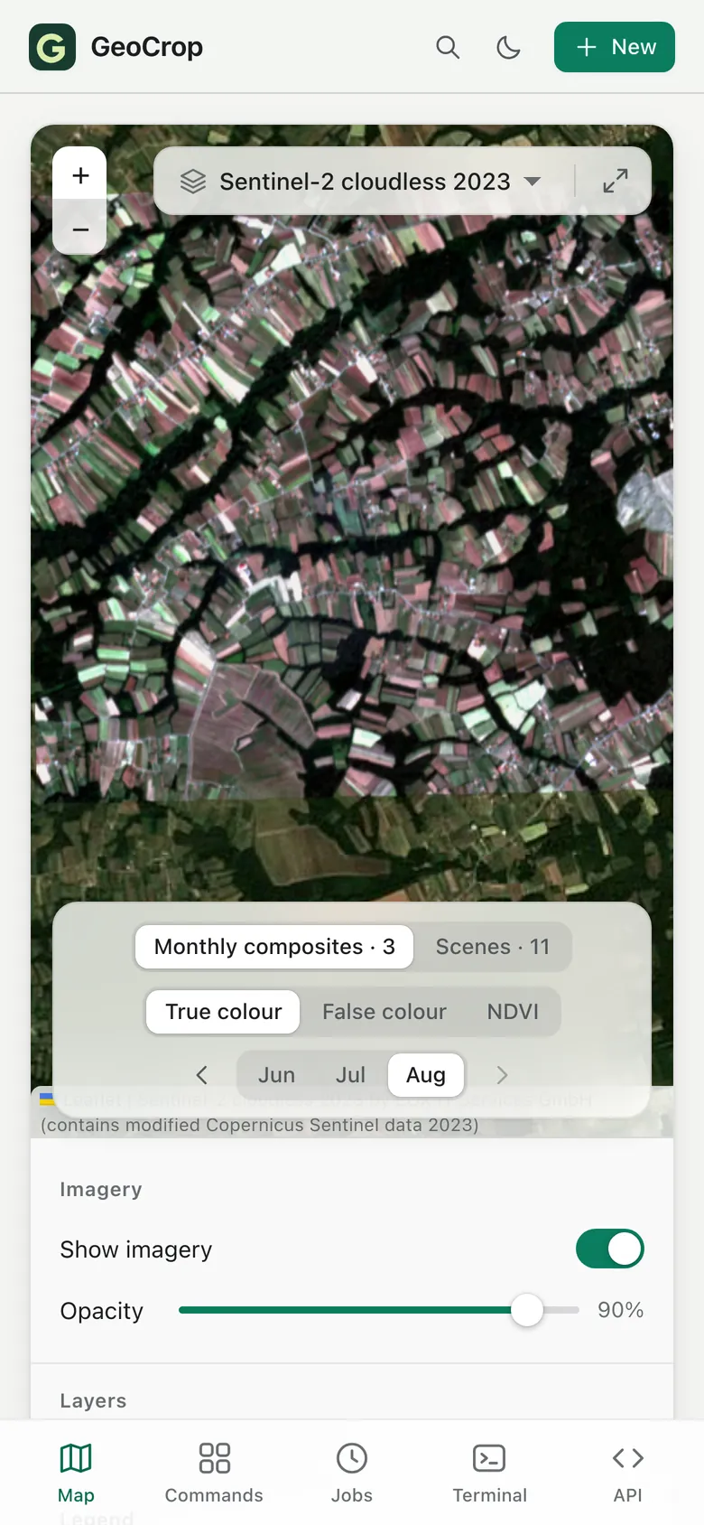 GeoCrop workspace on a phone-sized screen with the map and the tab bar