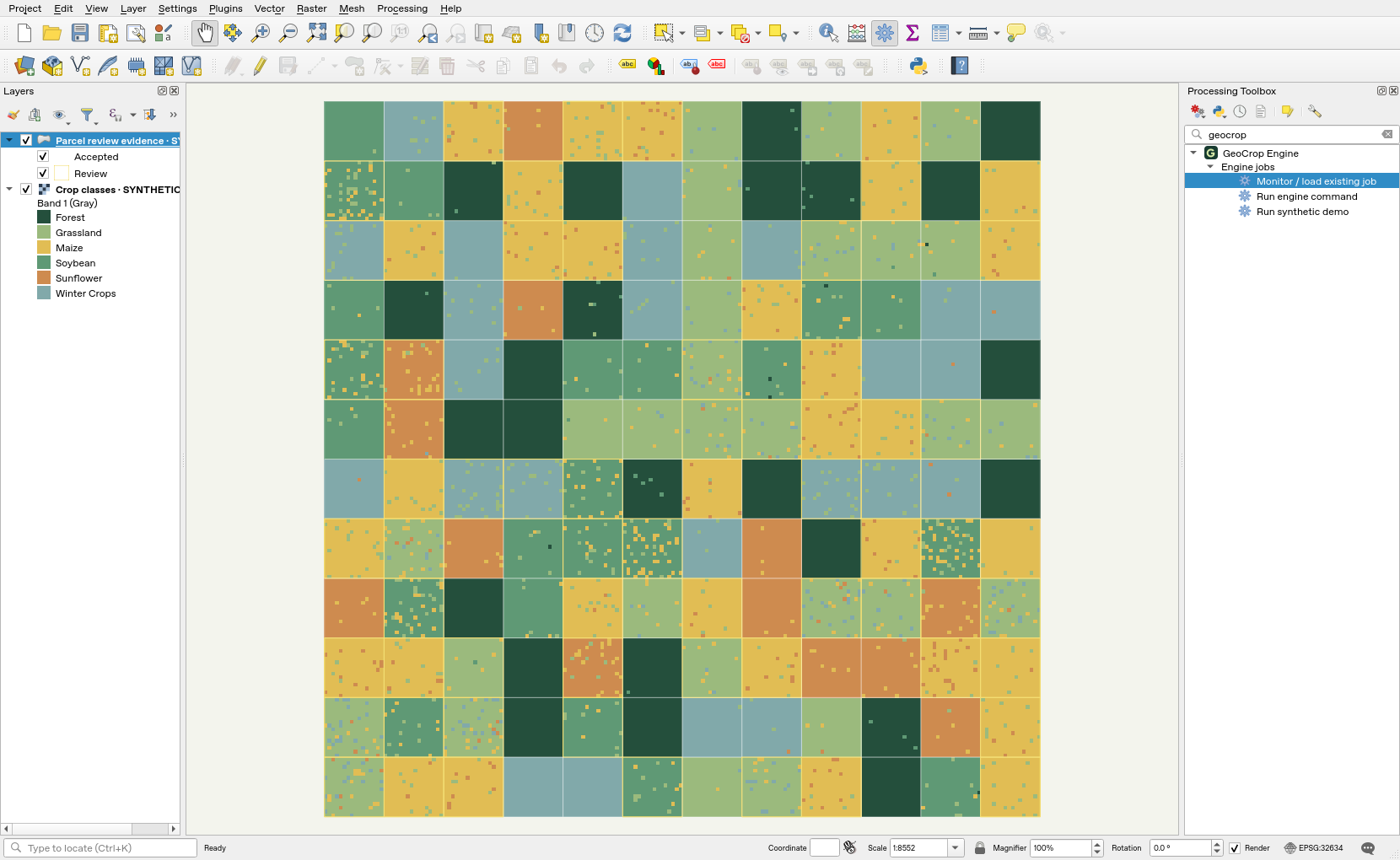 QGIS desktop with a synthetic crop-class raster, parcel outlines and GeoCrop tools in the Processing Toolbox