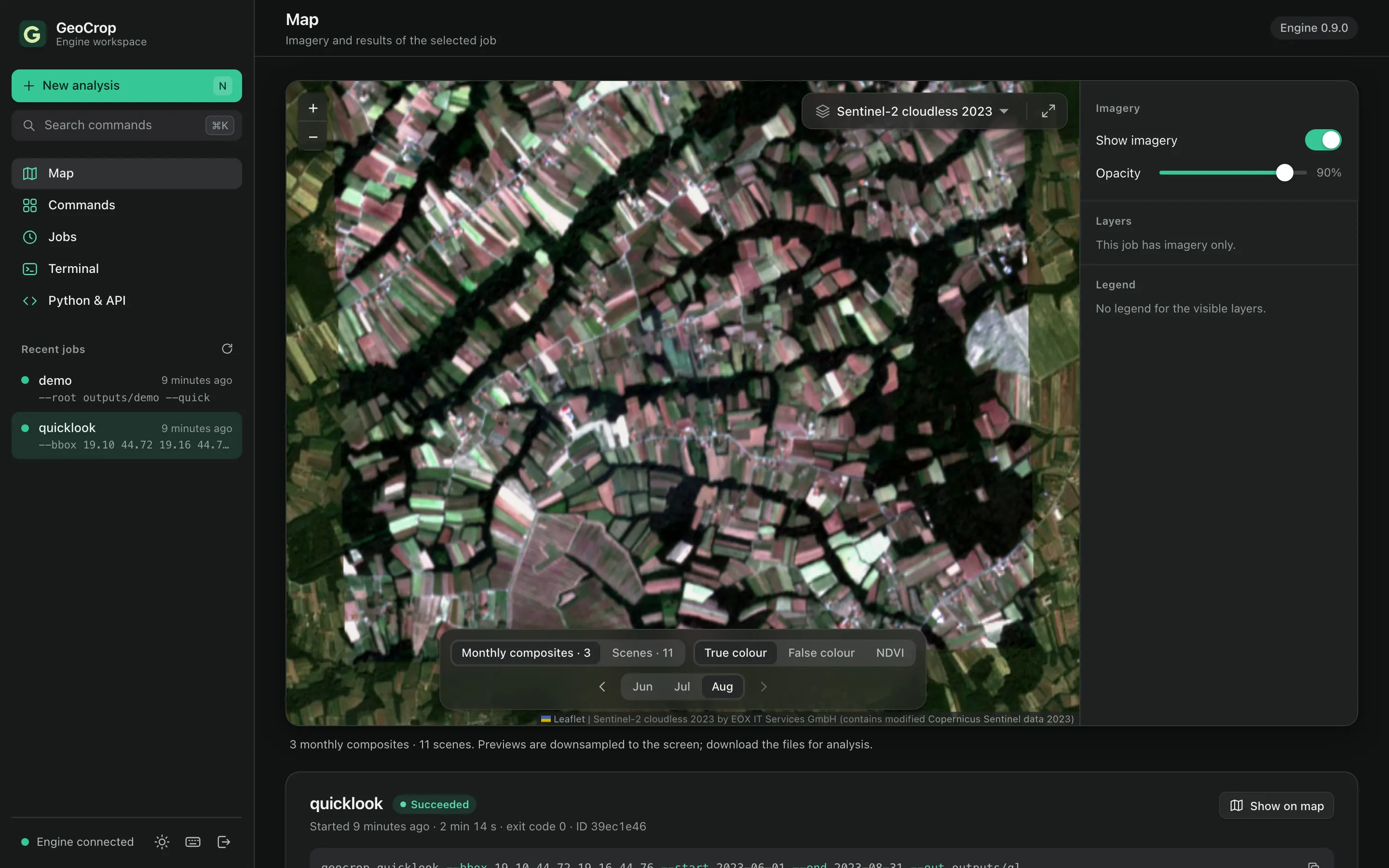 The same GeoCrop map view in dark appearance with the real Sentinel-2 composite