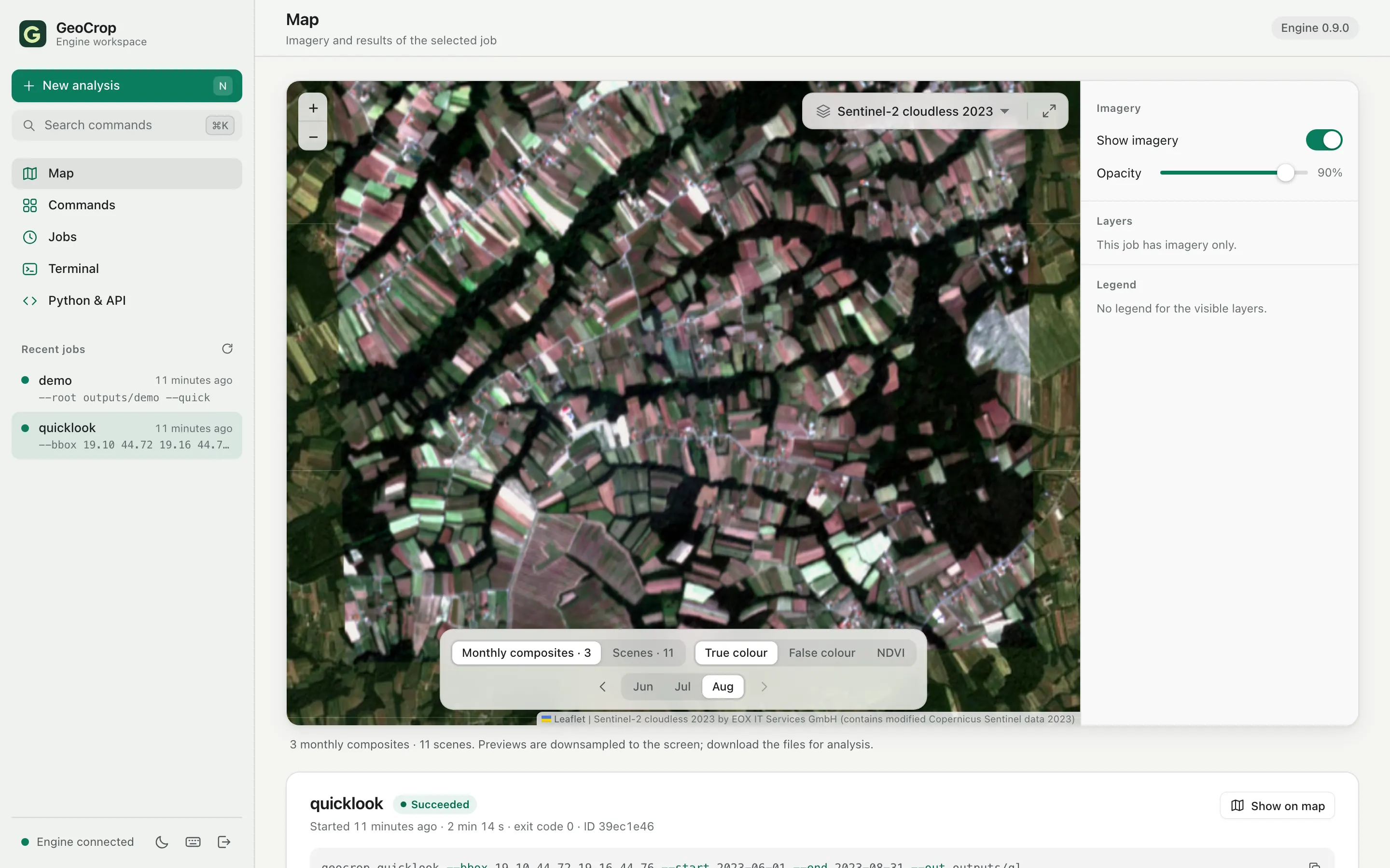 GeoCrop web workspace in light appearance: map view with a real Sentinel-2 composite of fields in Semberija, the imagery bar and layer switches